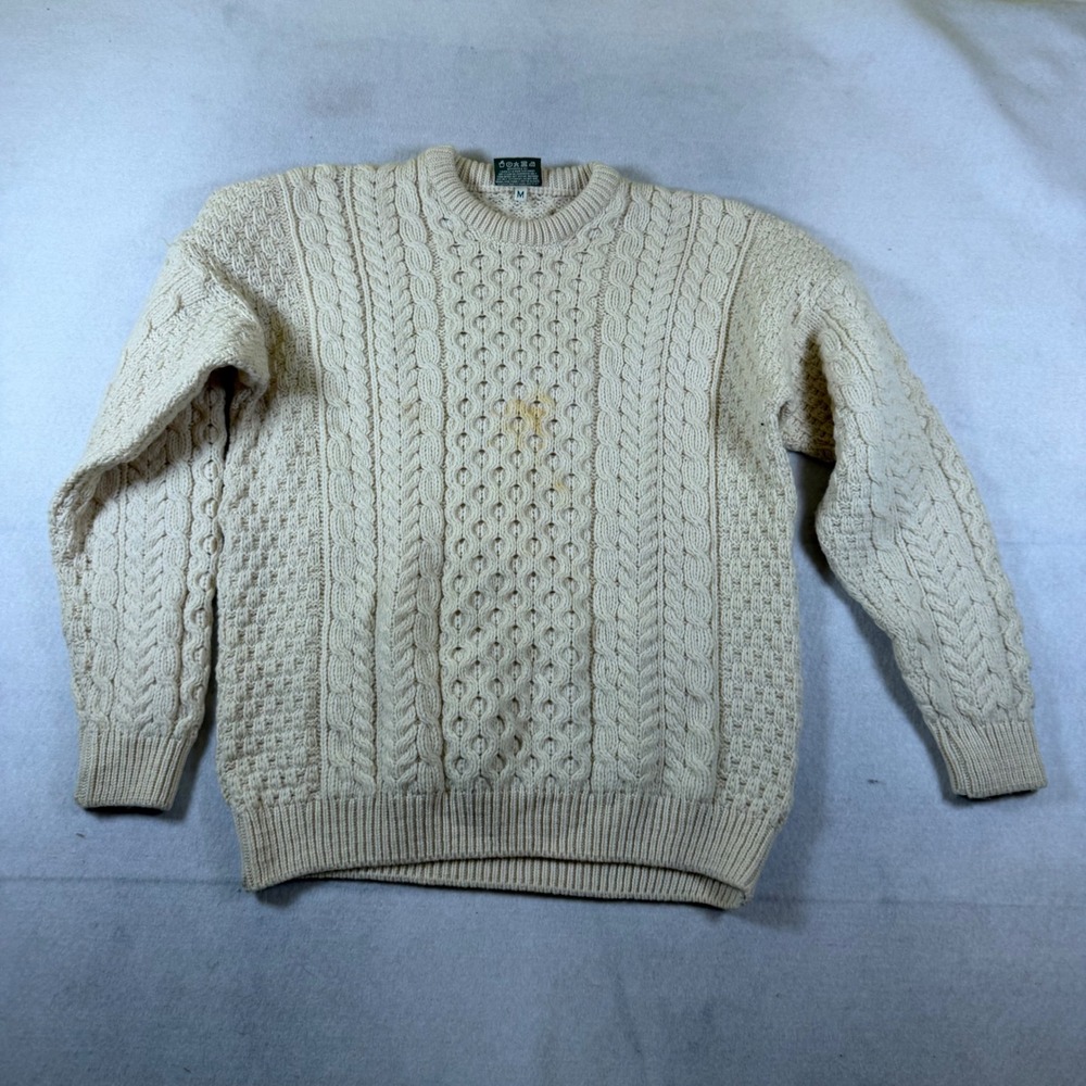 Carraig Donn Merino Wool Aran Fisherman Sweater Cream Mens Medium Ireland - Picture 2 of 5